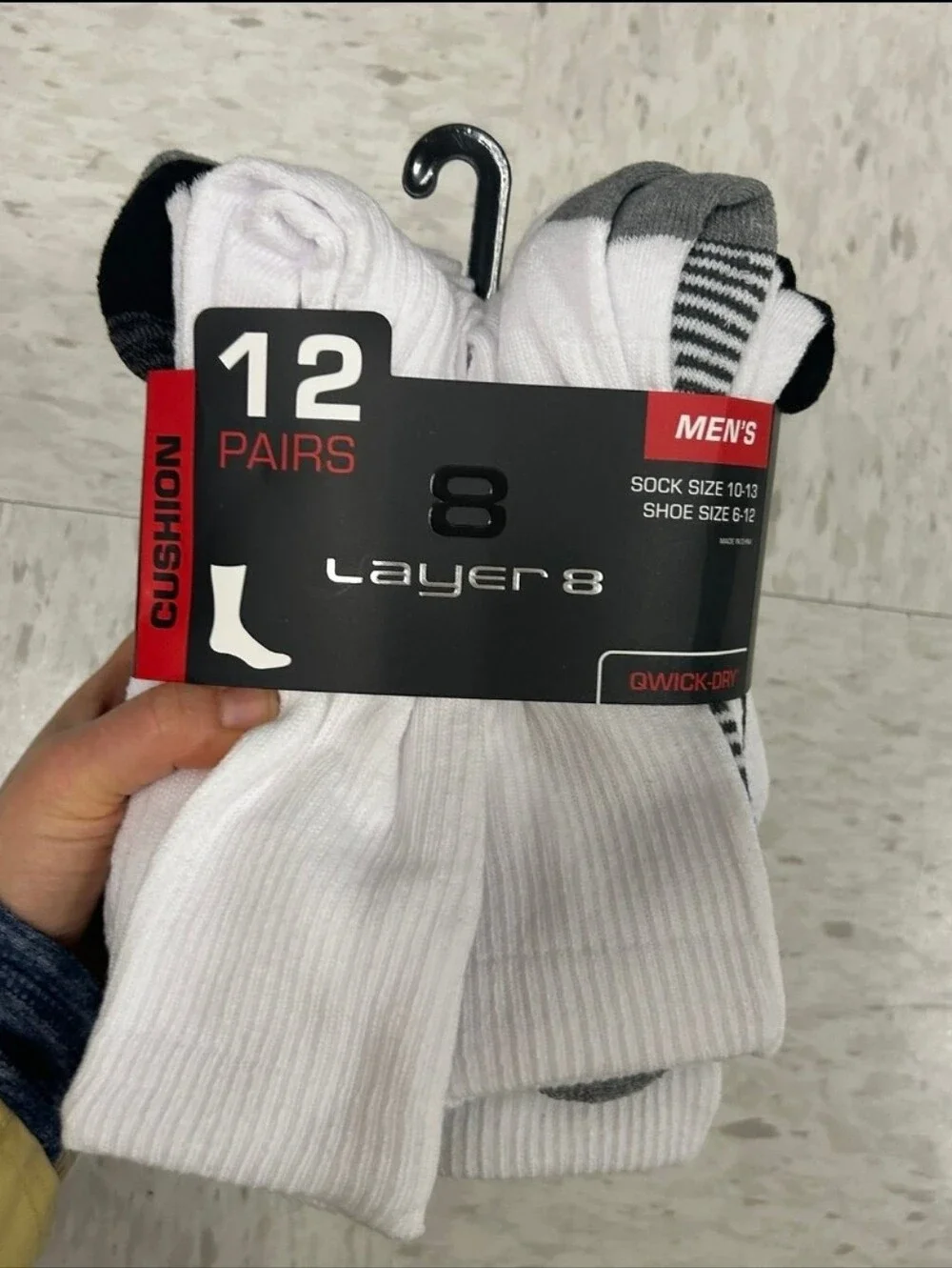 Layer 8 Men’s Cushion Crew Socks - White with Gray & Black Accents (12 Pairs)